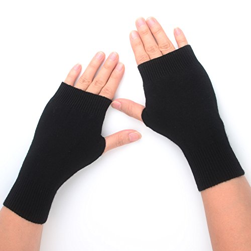 Flammi Women's Cashmere Knit Half Fingerless Gloves Mittens Warm Thumb Hole Gloves (Black)