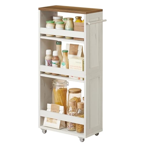VASAGLE 4 Tier Slim Storage Trolley Kitchen Shelf with Wheels with Handle Small Space 20 x 43.2 x 86.5 cm Bathroom Laundry Rustic Cream White and Honey Brown LRC051K01