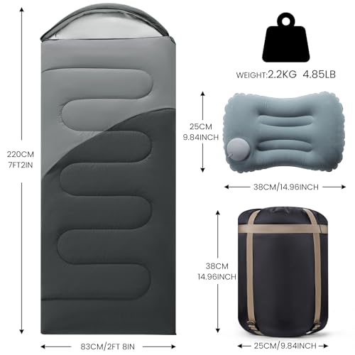 Sleeping Bags for Adults & Kids Lightweight Waterproof 3-4 Season Warm with Inflatable Pillow–Compact Portable Sleeping Bag for Cold Weather Camping, Hiking, Travel, Indoor/Outdoor Use