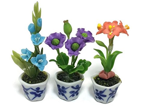 3pc Miniature Flower Clay Dollhouse Fairy Garden Mini Plant Trees Ceramic Paint Furniture Bundles Artificial Flowers Tiny Orchid #081