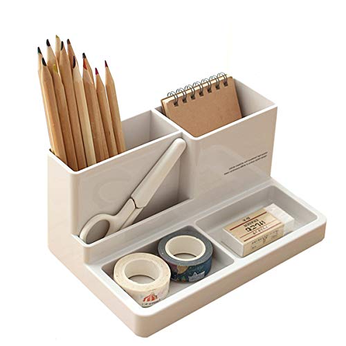Citmage Desk Pen Holder Plastic Office Stationery 5 Compartments Desktop Organizer Storage Box for Gel Pens, Glues,Pencils, Markers, Erasers, Staplers (7.2" x5") (White)