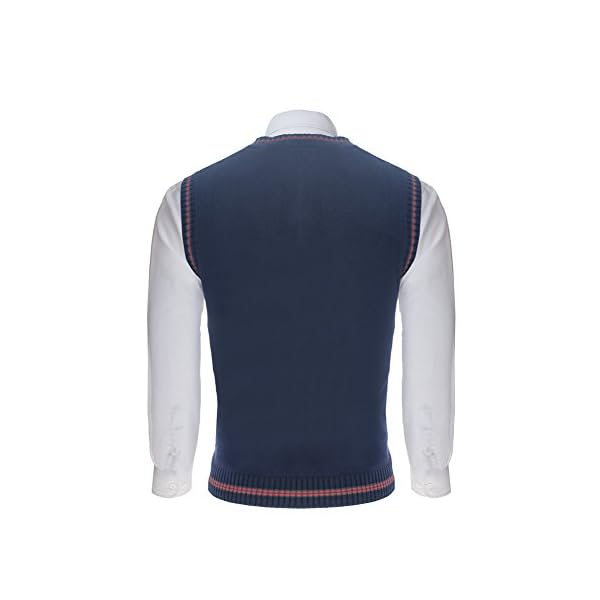 TOPTIE Men's V-Neck Cotton Twist Knit Sweater Vest Green and Red Trim - Image 4