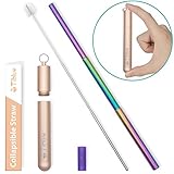 Reusable Collapsible Straw, Rainbow 9.25'' Telescopic Stainless Steel Metal Straw, Portable Drinking Straw for 12oz/20oz/30oz Cups, perfect for Drinking Water, Coffe, Smoothie, Juice, Milkshake