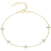 LKANF Flower Bracelets for Women, Gold Bracelets Cubic Zirconia Simulated Diamond Station Beaded Tennis Chain Bracelet