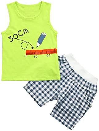 Creazrise 2Pcs Baby Sleeveless Shirt Sets,Toddler Boys Ruler Print Top Vest+Plaid Grid Shorts (White,1-3T) (Green, 6M)