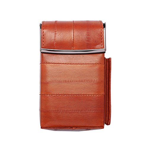 Automatic Rising Genuine Eel Skin Leather Sliding Cigarette Case with Lighter Holder (Tan)