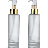 2PCS 120ml/4oz Empty Frosted Glass Lotion Pump Press Bottles Soap Dispensers Refillable Cosmetic Makeup Essence Essential Oil Sample Packing Containers Storage Jars Vials (Gold Head)