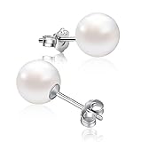 Sterling Silver 8mm White Round Freshwater Cultured Pearl Stud Earrings - AAA Handpicked