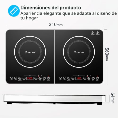 Aobosi Double Induction Hob, Induction Hobs, Independent Control, 10 Temperature Levels, 4 Hour Timer, 3500W, Safety Lock