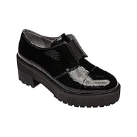 Maddie | Built Up Lug Sole Slip On Menswear Platform Oxford Black Crinkle Patent 8.5M