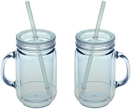 2 Pack - 20oz Double Wall Insulated Mason Jar Travel Mug - BPA Free - Straw and Lid Included (Clear)