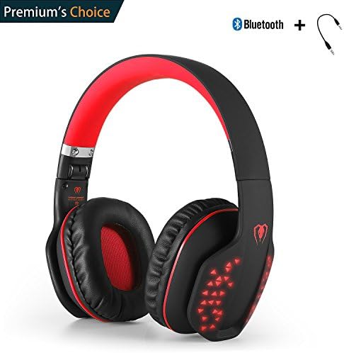 Yocuby Bluetooth Headphone, Beexcellent Wired and Wireless Super Bass 3.5mm Cable Over Ear Foldable Extensible Noise Cancelling Hands Free Mic LED for PC Tablet Cellphone PS4 Xbox(Red)