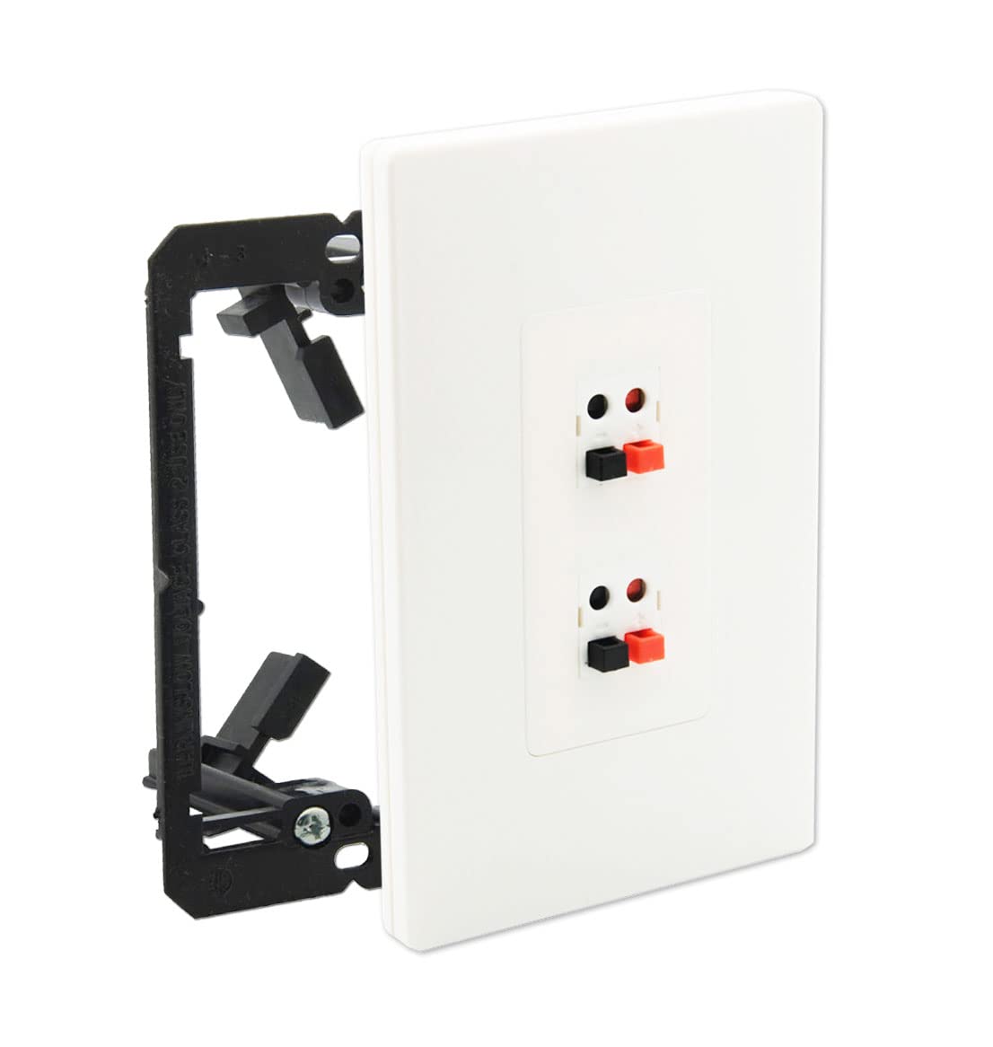 DIYTECH 2 Port Spring Loaded Speaker Wall Plate with 1 Gang Mounting Bracket – Self Closing Banana Plug Terminals, Home Theater Audio Outlet Plate, White Screwless