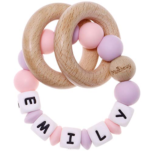 Munchewy Personalized Name Baby Rattle Teether Ring, Customizable Silicone Sensory Chew Bracelet with Natural Organic Beech Wood Teething Rings for Baby Girls Teether Toys(Quartzpink/Lilac)