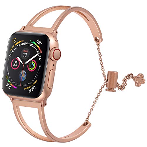 hooroor Bracelet Compatible for Apple Watch Band 38mm 40mm/42mm 44mm, Feminine Bangle Cuff with Clover Pendant for iWatch Bands Series 4 3 2 1 Stainless Steel Metal Wristband Strap (Gold, 42 mm 44mm) - Thumbnail 7