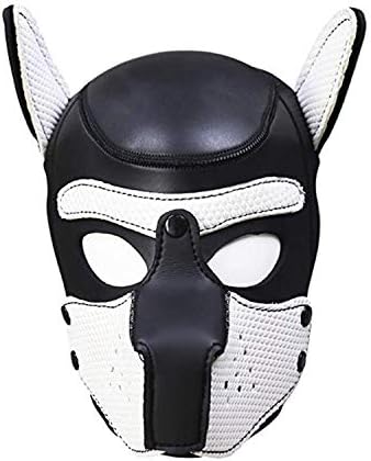 Puppy Play Dog Hood Mask,Silicone Dog T-ail,Leather Padded Paws Mittens Mitt,White Mask