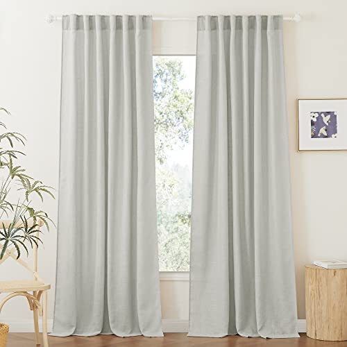 RYB HOME Grey Sheer Curtains - Linen Textured Semi Sheer Curtains Drapes for Bedroom Bathroom Dining Bedroom Home Office Window Decor, Gray, W 52 x L 90 inch, 2 Panels