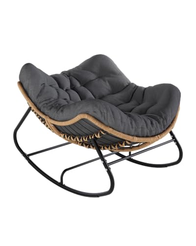 SWITTE Papasan Rocking Chair, Outdoor Wicker Egg Rocker with Cushion, Grey