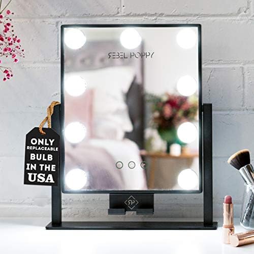 REBEL POPPY Lighted Makeup Mirror with LED Lights and Phone Mount, 3 Lighting Touch Control, 14.5” x 12”, Fogless - Counter Top Mirrors - MINI, Black