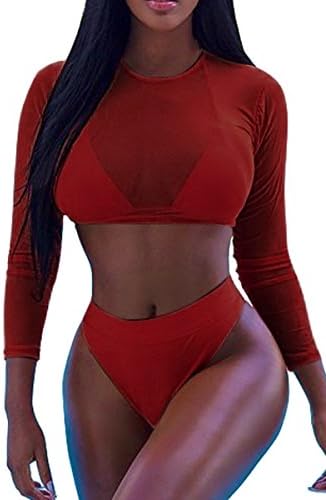 Meyeeka Womens Sexy High Waist Rash Guard Swimwear Long Sleeve 3PCS Swimsuit