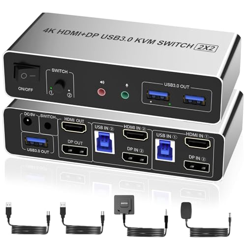 Dual Monitor HDMI Displayport KVM Switch 2 Monitors 2 Computers 4K 60Hz USB3.0 KVM Switcher HDMI+DP 3 USB Ports KVM Switcher for 2 PC Sharing Keyboard Mouse Printer Mic and Audio Output