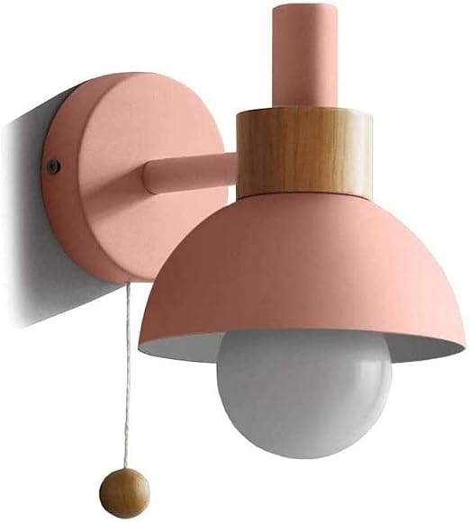 Modern Wall Light, Iron Wood Wall Lamp with Pull Cord Switch, Round Wall Sconce, Bedside Lamps