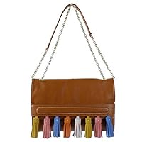 Sharif 1827 Genuine Leather Multi Color Rainbow Tassel Flap Shoulder Bag Clutch (Cognac)