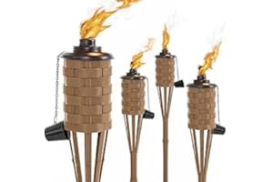 KERUITA Faux Bamboo Torches(4pack),Outdoor Decor Torches,Large Island Citronella Torch for Garden Lighting,Tropical Decor and Luau Party;Easy Refill Wide-Mouth Canister for Longer Lasting Burn, Brown