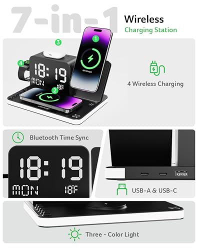 Acer Gadget 7-in-1 Wireless Charging Station Charger Stand for Multiple Devices for Apple - iPhone 17 16 15 14 13 12 Pro Max Apple Watch Airpods, Wireless iPhone Charger Station with Bluetooth TimeSyn