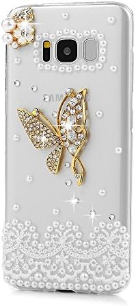 Samsung Galaxy S8 Diamond Cover For Girl, GreenDimension 3D Handmade Pearl Lace Design Luxury Bling Crystal Flower with White Butterfly Rhinestones [Full Edge Protection] Transparent Hard Plastic Case