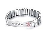 WARFARIN- Unisex Stainless Steel Medical Alert ID Tag Stretch Wristband Bracelet/Deep Black engrave