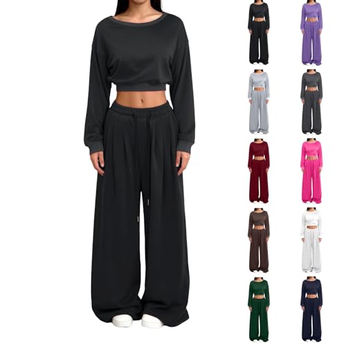 Womens 2 Piece Outfit Women's Two Piece Co-ord Set Cropped Short Sleeve Top and High Waisted Wide Leg Trousers with Drawstring Waist Soft Stretchy Women Gym Set