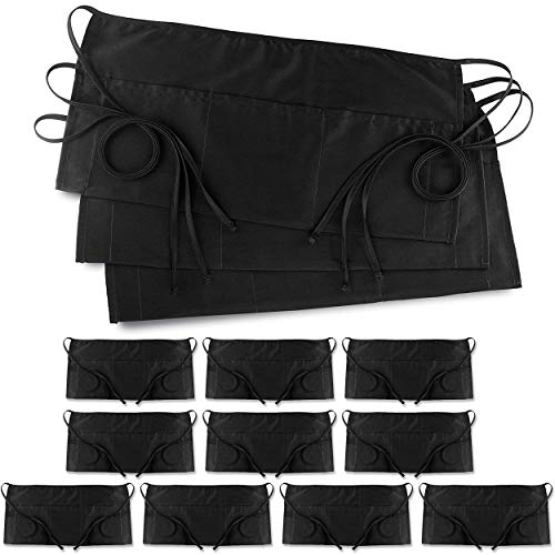 12 Pack Server Waitress Waist Aprons Black Cotton 3 Pockets for Kitchen Restaurant Bistro Craft Garden Half Short Apron for Men, Women, Chef, Baker, Waiter - Thumbnail 7