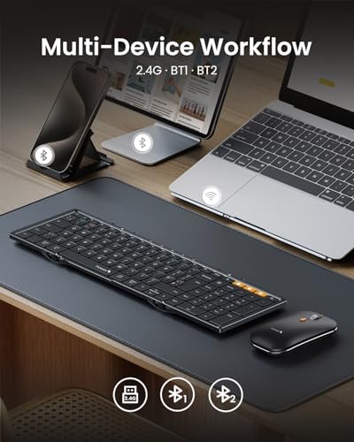 ProtoArc Foldable Keyboard and Mouse Combo, Folding Bluetooth Keyboard Mouse for Travel, 2.4G+Dual Bluetooth, Full-Size Rechargeable Portable, QWERTY UK Layout - Black | 105-key keyboard, slim mouse, hard case and phone stand; 3-device Bluetooth & 2.4G switching, for travel office use