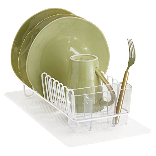 mDesign Steel Sink Dish Drying Rack/Dish Drainer Storage Organizer w/Wire Drainer, Drying Mat