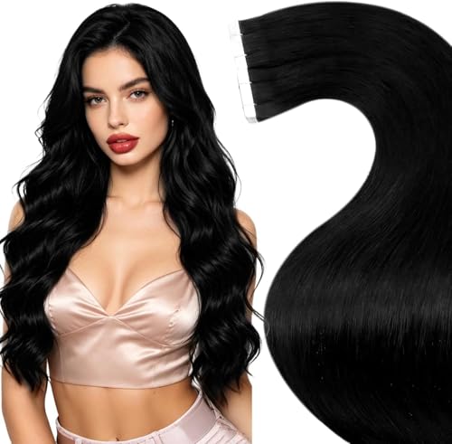 LaaVoo 55 cm Real Hair Extensions Double Sided Adhesive 20 Pieces Black Jet Hair Extensions Double Sided Straight Remy Human Hair Extensions Invisible Adhesive 50 g #1