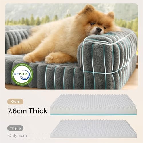 Bedsure Orthopedic Dog Sofa Bed – Medium Dog Bed 76 x 51 x 16.5 cm with Edges, Memory Foam Egg Cup, Waterproof, Non-Slip, Removable Corduroy Cover, Grey