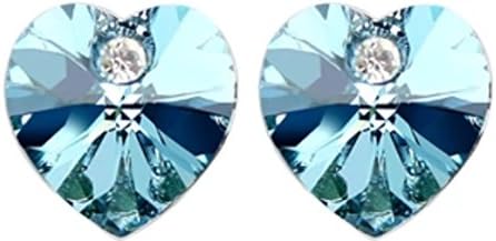Crystal Heart Stud Earrings Swarovski Element Silver Tone Aquamarine