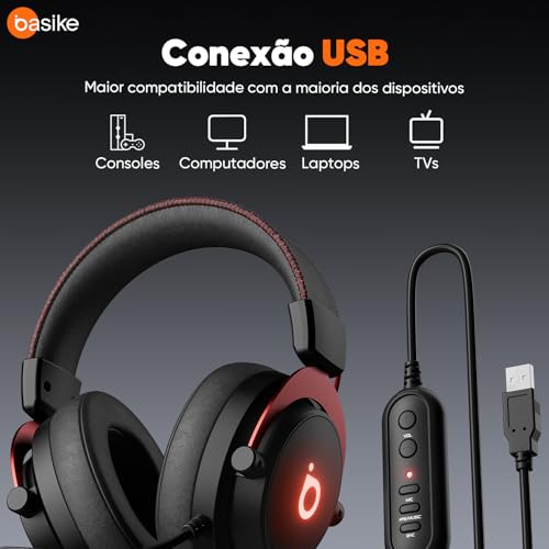 Basike Fone de ouvido jogos para PC - Headset Gamer Pro Ba-FON340 com Microfone, Modo FPS/Música, com som surround 7.1, Falante de 50mm, USB Compatível com Win7/10/11/MAC/PS4/PS5 (Preto)