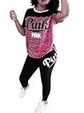 Molisry Women 'Pink' Letter Print Short Sleeve Crop Top Bodycon Long Pant 2 Piece Outfits