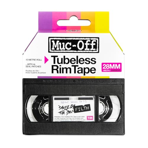 Muc Off Tubeless Felgenband, 28 mm - Druckempfindliches Felgenband für Schlauchlose Fahrradreifen - 10-Meter-Rolle mit 4 Dichtungsflicken