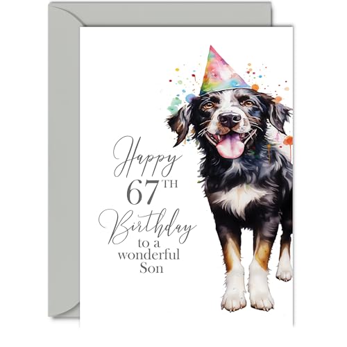 67th Birthday Cards for Son - Party Dog - Happy Birthday Card for 67 Year Old Son from Mum Dad, 5x7 Inch Bday Man Men Him Greeting Cards Gift for Son Birthday Gifts