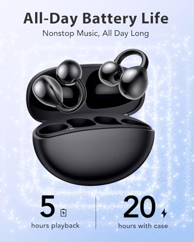 Clip On Earbuds Open Ear Earphones Wireless Headphones Bluetooth 6.0, 12mm Dynamic Drivers, 20 Hours Sports Ear buds, Air Conduction Headphones Compatible with iPhone & Android, Black