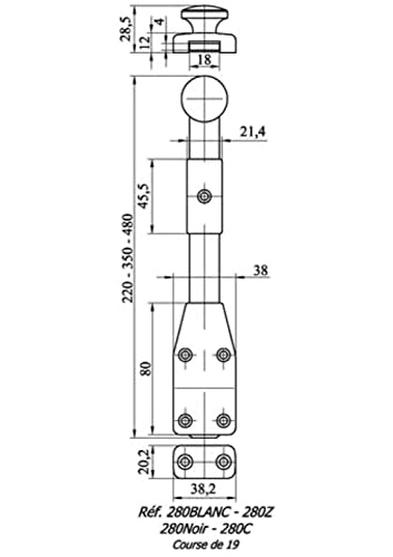 MAP MASSARD Verrou à plaquer gâche-Boîtier zingué 80x38x12 mm Tige 18x4 mm-L.220 mm-280Z220