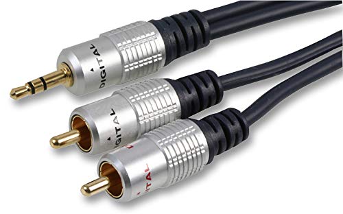 PRO SIGNAL 15m 3.5mm Stereo Jack to 2x Phono (RCA) Audio Cable – Black Lead with Gold-Plated Contacts & OFC Cables - PSG03695