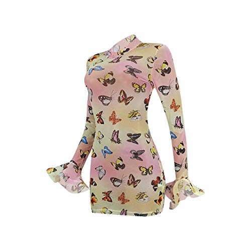 Sprifloral-Vestito-lungo-aderente-da-donna-a-maniche-lunghe-con-collo-alto-e-maglia-colorata-trasparente