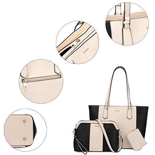 LOVEVOOK Damen Handtasche Schultertaschen 3 Stück Set Henkeltaschen Große Tasche Umhängetasche Taschen Gross Handtaschen Leder BeuteltascheGeschenk für Mutter Freundin Freund Liebhaber, Schwarz Beige