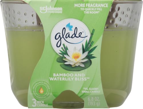 GLADE CANDLE BAMBOO & WATERLILY BLISS, FRAGRANCE CANDLE INFUSED WITH ESSENTIAL OILS, AIR FRESHENER CANDLE, 3-WICK CANDLE, 6.8 OZ