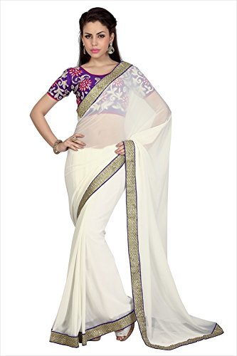 Designersareez Women's Faux Georgette Saree Free Size Off White