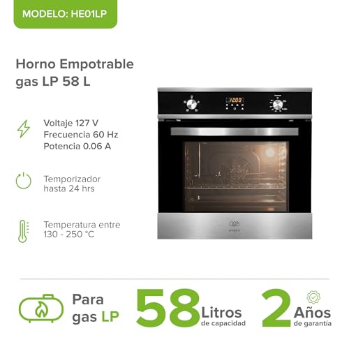AVERA Horno empotrable de Gas LP con asistencia por conveccion, Capacidad de 58 L, 5 Modos de cocción, Temporizador digital 24 hrs, Contro por perillas, Temperatura 130 a 250°C | HE01LP